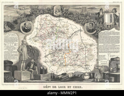 . Inglese: si tratta di un affascinante 1852 Mappa del dipartimento francese di Loir-et-Cher, Francia. Questa zona è principalmente noto per la sua produzione di Selles sur cher, una multa capre-formaggio a base di latte. Il tutto è circondato da elaborare incisioni decorative progettato per illustrare sia le bellezze naturali e la ricchezza del commercio della terra. Vi è una breve storia testuale delle regioni rappresentate su entrambi i lati sinistro e destro della mappa. Pubblicato da V. Levasseur nel 1852 edizione del suo Atlas National de la France Illustree. Dept. de Loir-et-Cher. 1852 (non datato). 1852 Levasseur Mappa del Dipartimento de Loir-et Foto Stock