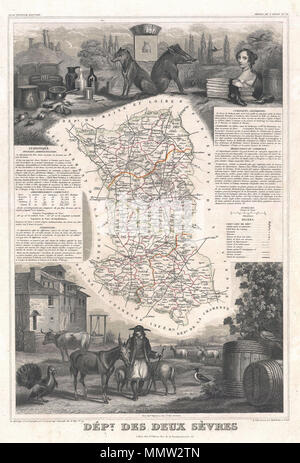 . Inglese: si tratta di un affascinante 1852 Mappa del dipartimento francese di Deux Sèvres, Francia. Questa zona rurale produce alcune ammende vini, come per esempio i Vin du Thouarsais, di Thouarsas. Il formaggio Chabichou è fatta anche qui. Chabichou è un tradizionale morbido, pastorizzato, naturale-la crosta del formaggio di capra (o Chèvre) con una ferma e di consistenza cremosa. La mappa vera e propria è circondata da elaborare incisioni decorative progettato per illustrare sia le bellezze naturali e la ricchezza del commercio della terra. Vi è una breve storia testuale delle regioni rappresentate su entrambi i lati sinistro e destro della mappa. Pubblicato da V. Levass Foto Stock