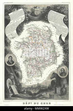 . Inglese: si tratta di un affascinante 1857 Mappa del dipartimento francese della Cher, Francia. Questa zona della Francia è noto per la sua produzione di Selles sur cher, una capra-formaggio a base di latte. Il tutto è circondato da elaborare incisioni decorative progettato per illustrare sia le bellezze naturali e la ricchezza del commercio della terra. Vi è una breve storia testuale delle regioni rappresentate su entrambi i lati sinistro e destro della mappa. Pubblicato da V. Levasseur nel 1852 edizione del suo Atlas National de la France Illustree. Dipartimento du Cher.. 1852 (non datato). 1852 Levasseur Mappa del Dipartimento Du Cher, Francia - Geogra Foto Stock