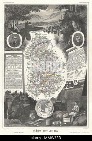 . Inglese: si tratta di un affascinante 1852 Mappa del dipartimento francese Jura, Francia. Il Jura vini sono molto distintivo ed insoliti, come per esempio i Vin Jaune, il quale è realizzato mediante un processo simile di sherry, sviluppando al di sotto di una fioretta di lieviti. Questo è realizzato dal locale Savagnin varietà di uva. Altre uve includono Poulsard, Trousseau e Chardonnay. Il tutto è circondato da elaborare incisioni decorative progettato per illustrare sia le bellezze naturali e la ricchezza del commercio della terra. Vi è una breve storia testuale delle regioni rappresentate su entrambi i lati sinistro e destro della mappa. Pubblicato da V. Lev Foto Stock