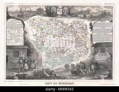 . Inglese: si tratta di un affascinante 1852 Mappa del dipartimento francese del Morbihan, Francia. La mappa vera e propria è circondata da elaborare incisioni decorative progettato per illustrare sia le bellezze naturali e la ricchezza del commercio della terra. Vi è una breve storia testuale delle regioni rappresentate su entrambi i lati sinistro e destro della mappa. Pubblicato da V. Levasseur nel 1852 edizione del suo Atlas National de la France Illustree. Dipartimento du Morbihan.. 1852 (non datato). 1852 Levasseur Mappa del Dipartimento du Morbihan, Francia - Geographicus - Morbihan-levasseur-1852 Foto Stock