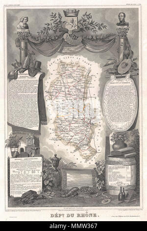 . Inglese: si tratta di un affascinante 1852 Mappa del dipartimento francese del Rodano, Francia. Questa area produce il vino francese DOC, Beaujolais. Questo vino è fatto generalmente di uva Gamay che ha una buccia sottile e è a basso contenuto di tannini. Si tratta tipicamente di una luce corposo vino rosso. La mappa vera e propria è circondata da elaborare incisioni decorative progettato per illustrare sia le bellezze naturali e la ricchezza del commercio della terra. Vi è una breve storia testuale delle regioni rappresentate su entrambi i lati sinistro e destro della mappa. Pubblicato da V. Levasseur nel 1852 edizione del suo Atlas National de la France Ill Foto Stock