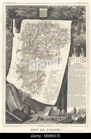 . Inglese: si tratta di un affascinante 1857 Mappa del dipartimento francese di l'Aisne, Francia. Il tutto è circondato da elaborare incisioni decorative progettato per illustrare sia le bellezze naturali e la ricchezza del commercio della terra. Vi è una breve storia testuale delle regioni rappresentate su entrambi il lato destro della mappa. Pubblicato da V. Levasseur nel 1852 edizione del suo Atlas National de la France Illustree. Dept. De L'Aisne.. 1852 (non datato). 1852 Levasseur Mappa del Dipartimento L'Aisne, Francia - Geographicus - Aisne-levasseur-1852 Foto Stock