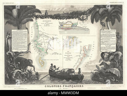 . Inglese: si tratta di un affascinante 1852 Levasseur mappa delle colonie francesi in Africa. Mappa della zona è divisa in tre sezioni dedicate a Senegambie (Senegambia), del Madagascar e del fiume Senegal. Il più grande di questi si concentra sul Senegambia con un inset dell isola di Gorea in basso a sinistra. La mappa vera e propria è circondata da elaborare incisioni decorative progettato per illustrare sia le bellezze naturali e la ricchezza del commercio della terra. Vi è una breve storia testuale della regione rappresentata a sinistra e a destra della mappa. Pubblicato da V. Levasseur nel 1852 edizione del suo Atlas compit Foto Stock