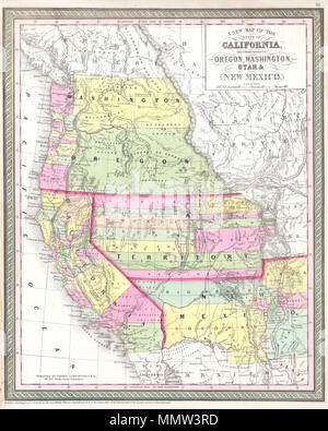. Inglese: un importantissimo 1853 mappa degli Stati Uniti occidentali da S. A. Mitchell Suor basato su Mitchell seminale proprie 1846 Mappa del Texas e California. Mostra gli Stati Uniti ad ovest delle montagne rocciose e retrodata la Gadsden acquisto. Tucson (Tueson) è posizionato saldamente in Messico. "Vegas" appare in una forma embrionale. Il lago Tahoe non è presente, e Tule Lake è erroneamente ingrandita. Anche le note di molti dei più importanti rotte di migrazione occidentale compresi, il sentiero spagnolo da Los Angeles a Santa Fe., Lt. Col. Cooke il suo carro Trail, Kearney il percorso lungo il Rio Gila. Fornisce Foto Stock