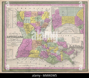 . Inglese: estremamente interessante esempio di S. A. Mitchell Suor's 1853 mappa della Louisiana. Mostra l'intero stato codificati a colori in base alle singole contee. Mostra canali e strade con notazioni relative a Steamboat e overland chilometraggio. Un grande riquadro in alto a destra del quadrante offre un dettagliato piano di città del centro di New Orleans. Mostra la struttura a griglia, distretti importanti edifici, moli e banchine. Circondato da confine verde comune a Mitchell le mappe dal 1850s. Preparato da S. A. Mitchell per rilasciato come piastra n. 30 NEL 1853 edizione del suo nuovo atlante universale . Datata e cop Foto Stock
