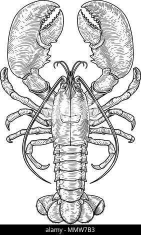 Astice in stile vintage xilografia Illustrazione Vettoriale