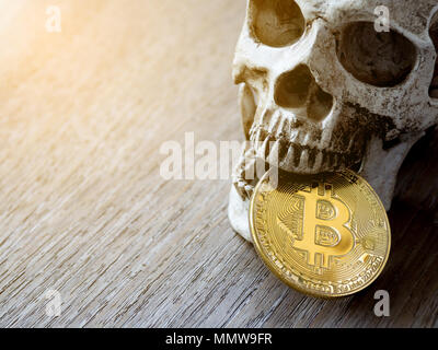 Close up del cranio di mordere Golden bitcoin sul tavolo di legno. Il concetto di investimento e di fluttuazione di bitcoin e cryptocurrency. La sensazione di disap Foto Stock