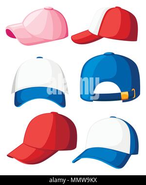 Berretto da baseball. Raccolta di vari tappi. Blu, bianco, rosa e rosso. Cappelli estivi per bambini e adulti. Stile Cartoon design. Illustra il vettore Illustrazione Vettoriale