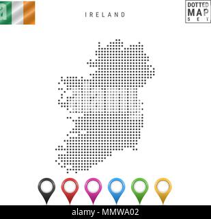 Vettore Mappa punteggiata di Irlanda. Semplice silhouette dell'Irlanda. Bandiera nazionale dell'Irlanda. Insieme multicolore i marcatori mappa Illustrazione Vettoriale