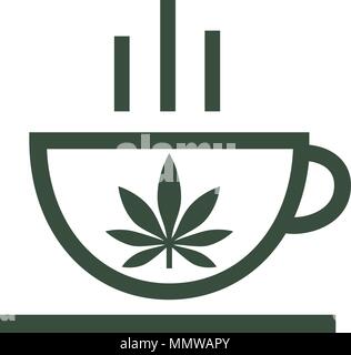 Il logo del coffee shop. Foglie di cannabis sulla tazza. La Cannabis tè alle erbe e foglie di marijuana. Icona del modello di Logo. La salute e la terapia medica. Vecto isolato Illustrazione Vettoriale
