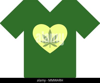 T-shirt con il simbolo del cuore e foglie di cannabis all'interno. Cuore di marijuana. Tee shirt modello. Isolato illustrazione vettoriale Illustrazione Vettoriale