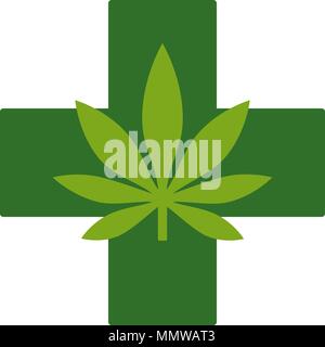 Foglia di marijuana con croce verde. La Cannabis medica. Icona del modello di Logo. La salute e la terapia medica. Isolato illustrazione vettoriale su sfondo bianco. Illustrazione Vettoriale