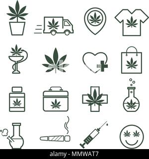 La marijuana, Cannabis icone. Set di marijuana medica icone. Foglia di marijuana. Il consumo di droga. La legalizzazione della marijuana. Vettore isolato illustrazione. Illustrazione Vettoriale