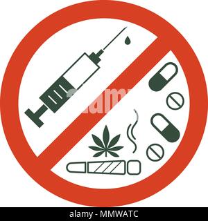 Farmaci non ammessi. La droga, la marijuana foglie con vietato segno - nessun farmaco. Icona di droga nel divieto cerchio rosso. Anti droga. Basta dire di no. Vettore isolato Illustrazione Vettoriale