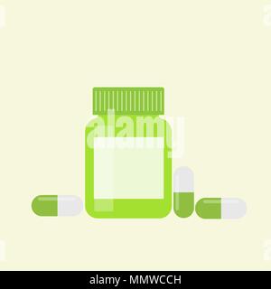 Bottiglia di medicina e pillole. La droga, compresse, capsule di vitamine. Medico di contenitore di capsule. Mock up per il tuo design. Vettore isolato. Illustrazione Vettoriale