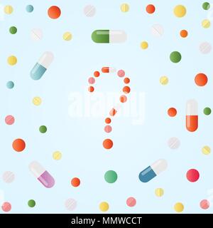 Punto interrogativo fatta di pillole colorate e capsule su sfondo blu. Medicina dello sfondo con la droga, pillole, compresse, capsule e vitamine. Cosa medic Illustrazione Vettoriale