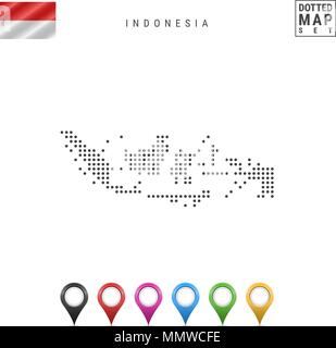 Vettore Mappa punteggiata di Indonesia. Semplice Silhouette dell Indonesia. Bandiera dell'Indonesia. Insieme multicolore i marcatori mappa Illustrazione Vettoriale