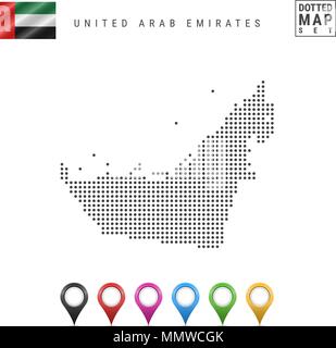 Punteggiate di vettore Mappa di Emirati Arabi Uniti. Emirati Arabi Uniti Silhouette. Bandiera degli Emirati Arabi Uniti. I marcatori mappa impostato Illustrazione Vettoriale