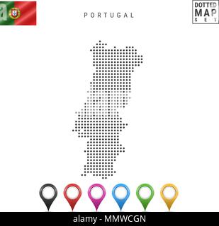 Vettore Mappa punteggiata di Portogallo. Semplice Silhouette del Portogallo. Bandiera nazionale del Portogallo. Insieme multicolore i marcatori mappa Illustrazione Vettoriale