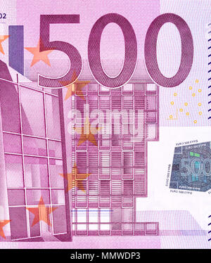 Vicino la foto di una parte del cinquecento euro, macro shot. Foto Stock
