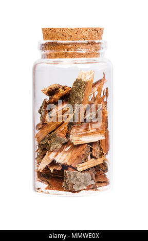 Corteccia di quercia in una bottiglia con tappo di sughero per uso medico. Foto Stock