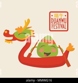 Dragon Boat racing festival promozione immagine: felice gnocco di riso carattere su un dragon boat. Illustrazione Vettoriale