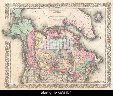 . Inglese: un eccellente prima edizione esempio di Colton raro mappa documentando in Canada, o più specificamente, British, russo e danese aziende in Nord America. Copre il continente dal giorno moderno Alaska (America Russa) alla Groenlandia (Danese America), e dall'U.S confine nord per l'Artico. Include l'Islanda. Mano colorati in rosa, verde, giallo e blu pastello. Circondato da Colton il tipico motivo a spirale confine. Datata e protetti da copyright a J. H. Colton, 1855. Pubblicato come pagina n. 3 nel volume 1 della prima edizione di George Washington Colton's 1855 Atlante del mondo . British, Russ Foto Stock