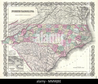 . Inglese: un bel 1855 prima edizione esempio di Colton la mappa di North Carolina. Copre tutto lo stato come pure le parti adiacenti del South Carolina e Virginia. Mappa è mano colorati in rosa, verde, giallo e blu pastello per identificare le contee. Identifica di città, ferrovie, strade e alcuni elementi topografici. Dispone di un inserto di Beaufort porto nella parte inferiore sinistra del quadrante. Nomi di Cape Fear, Cape Lookout e Cape Hatteras. I nomi delle Blue Ridge e Great Smokey Mountains. Circondato da Colton il tipico motivo a spirale confine. Questo è uno dei pochi a metà del XIX secolo atlas carte per depic Foto Stock