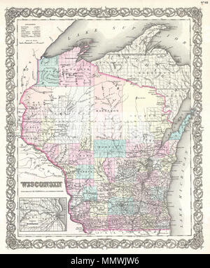 . Inglese: un bel 1855 prima edizione esempio di Colton la mappa del Wisconsin. Copre tutto lo stato come pure le parti adiacenti del Minnesota e Michigan superiore. Come la maggior parte di Colton è stato mappe, questa mappa è in gran parte derivata da una parete precedente mappa del Nord America prodotta da Colton e D. Griffing Johnson. Colton identifica varie città, fortezze, fiumi, Rapids, guadi, e un assortimento di ulteriori dettagli topografici. Mappa è mano colorati in rosa, verde, giallo e blu pastello per definire county e confini dello stato. Circondato da Colton il tipico motivo a spirale confine. Datata e c Foto Stock
