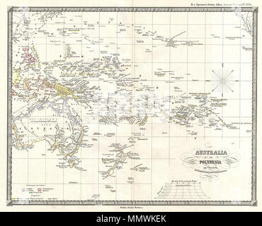 . Inglese: si tratta di Karl von Spruner's 1855 mappa storica di Australia e Polinesia, con una panoramica delle scoperte e la colonizzazione. Copre la zona da Australia a California (nell'angolo in alto a destra), e dalla Cina e dal Giappone nel nord di Nuova Zelanda, Auckland e Macquarie isole nel sud. Date di scoperta e scopritori nomi appaiono in tutto, rendendo questa mappa è inestimabile per chiunque sia alla ricerca di storia della scoperta in Polinesia e Melanesia. Rilievo è rappresentato da hachures, e il tutto è reso in forma finemente incisi dettaglio mostrante in tutto il lavoro artigianale Foto Stock