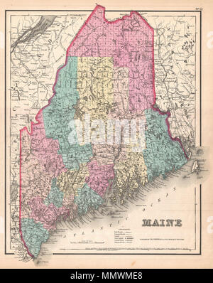 . Inglese: Questo è il raro 1857 Rilascio di J. H. Colton carta del Maine. Estremamente dettagliato e la copertura dello stato nella sua interezza. Divisa e colori codificati secondo la contea. Mostra tutte le strade principali e ferrovie nonché caratteristiche geologiche come i laghi e fiumi. Come la maggior parte delle mappe Colton questa mappa è datata 1855, ma più probabilmente è stato rilasciato nel 1857 Rilascio di Colton del atlante . Questo è stato il solo problema di Colton del Atlante che apparivano senza il suo marchio l'intelaiatura confine. Datata e protette da copyright: "Entrati in base alla legge del Congresso nell Anno 1855 DA J. H. Colton & Co. di Cancelliere di Foto Stock