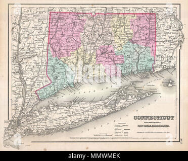 . Inglese: un bel 1857 Esempio di Colton carta del Connecticut e Long Island. Copre tutto lo stato come pure l intera di Long Island, isola di blocco e il Long Island Sound. Come la maggior parte di Colton è stato mappe, questa mappa è in gran parte derivata da una parete precedente mappa del Nord America prodotta da Colton e D. Griffing Johnson. Colton identifica varie città, fortezze, fiumi, Rapids, guadi, e un assortimento di ulteriori dettagli topografici. Mappa è mano colorati in rosa, verde, giallo e blu pastello per definire county e confini dello stato. Dal raro borderless edizione di Foto Stock