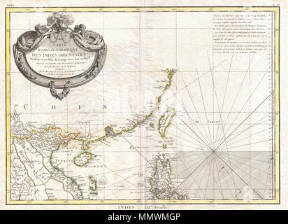 . Inglese: un bellissimo esempio di Rigobert Bonne's 1771 raro mappa del sud est della Cina. Copre dal regno del Siam (Thailandia) per includere il Laos, Tonchino (Vietnam del nord), Cochin Chi (Vietnam del Sud), l'isola di Hainan, Formosa (Taiwan) e l'isola di Luzon (Filippine Nord). Le note di Macao e il Cantone e mostra, ma non etichetta, Isola di Hong Kong. Tayoan è rilevato su Formosa. Offre poco inland dettaglio per quanto riguarda la Cina stessa. Note nell'angolo superiore destro commentare i monsoni. Rhumb linee su tutto. Le frecce in basso a destra mostra la direzione del prevalere Foto Stock