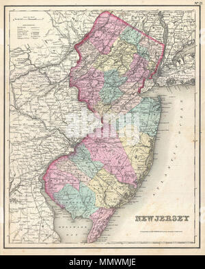 . Inglese: un bellissimo esempio di Colton's 1857 Mappa del New Jersey. Copre il New Jersey in piena nonché parti di stati adiacenti. Come la maggior parte di Colton è stato mappe, questa mappa è in gran parte derivata da una parete precedente mappa del Nord America prodotta da Colton e D. Griffing Johnson. Colton identifica varie città, fortezze, fiumi, Rapids, guadi, e un assortimento di ulteriori dettagli topografici. Mappa è mano colorati in rosa, verde, giallo e blu pastello per definire county e confini dello stato. Circondato da una semplice linea bordo che Colton introdotto nel 1857 e corse attraverso 1859. Datata un Foto Stock