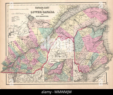 . Inglese: Questo è il raro 1857 Rilascio di J. H. Colton carta del Quebec e del Nuovo Brunswick. Al momento questa regione era indicato come il Canada orientale o abbassare il Canada. Abbassare i coperchi in Canada da Tadoussac nel nord ai confini del Maine e Vermont nel sud e da Huntingdon in occidente per Westmoreland in oriente. Include una dettagliata inset della prossimità di Montreal. Divisa e colori codificati secondo la provincia e paese. Mostra tutte le strade principali e ferrovie nonché caratteristiche geologiche come i laghi e fiumi. Come la maggior parte delle mappe Colton questa mappa è datata 1855, ma più probabilmente era è Foto Stock