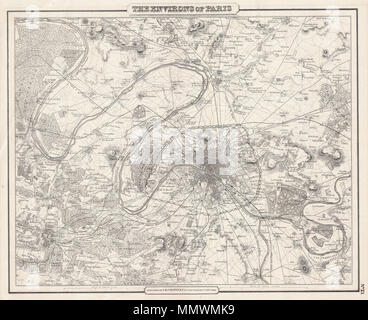 . Inglese: Questa rara colorata a mano Mappa di Parigi e dintorni è una piastra di rame incisione risalente al 1857. Prodotto da rispettare la metà del XIX secolo americano cartografo J. H. Colton. Mappa copre la valle della Senna in circa trenta miglia di raggio di Parigi. Versailles appare nell estremo sud-ovest e Vitry nell estremo nord-est. Il tutto è splendidamente arredata fino ai singoli edifici. Edizioni precedenti includono un vitigno di frontiera, tuttavia questo abbellimento è stato eliminato per il problema del 1857. Preparati al di fuori del Colton's 172 William St, New York, ufficio per inclusione come piastra n. 73 NEL 1857 Rilascio di C Foto Stock