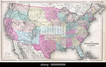 . Inglese: un bellissimo esempio di Colton's 1857 mappa degli Stati Uniti. Rappresenta un raro effimero statualità configurazione - in particolare nella parte occidentale del paese. Il Nebraska territorio si estende dal Kansas confine a nord per quanto riguarda il Canada. A est, il Minnesota territorio comprende molto di quello che è oggi il Dakotas. Più a ovest, Washington e Oregon si estendono la navigazione dal Pacifico per quanto riguarda la navigazione come le Montagne Rocciose. Allo stesso modo con lo Utah, che si estende dalla California a Kansas. Più a sud la vasta New Mexico territorio comprende tutto quello che è oggi il nuovo Messico, Colorado, e Ari Foto Stock