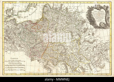 . Inglese: un bellissimo esempio di Rizzi-Zannoni's c. 1771 mappa decorativi della Polonia e dei suoi affluenti. Copre dalla Danimarca e dalla Germania verso est per la Russia, a nord di Livonia e sud in Ungheria. Include la Lituania, la Prussia, Grande Polonia, Piccola Polonia e parti della Russia. In Germania, in Ungheria e di Boemia. Uno stile barocco titolo decorativo cartiglio raffigurante il polacco eagle crest viene visualizzato nel quadrante superiore destro. Disegnata da Rizzi-Zannoni c. 1771 per problema come piastra n. 10 in Jean Lattre's 1776 problema della Atlas moderne . Carte Generale de la Pologne avec tous les Etats qui en dipendono Foto Stock