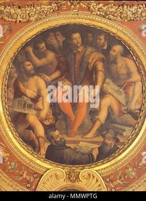 . Vasari Giorgio 1511 - 1574 Cosimo I de' Medici circondato dai suoi architetti, ingegneri e scultori 1555-8 affresco Palazzo Vecchio, Firenze . Agosto 1555. Cosimo I de' Medici circondato dai suoi studiosi Foto Stock
