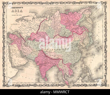 . Inglese: un bel esempio di A. J. Johnson's 1862 Mappa di Asia. I coperchi della penisola arabica e la Turchia verso est per quanto riguarda la Kamchatka, Giappone, Filippine e in Nuova Guinea. Mostra imperi se Hindoostan (India), Cina (include il Tibet), Toorkistan, Persia (Iran), Cabool, Beloochistan (Afghanistan), Birmania (Myanmar), Siam (Thailandia), Anam (Vietnam), Malaysia, Giappone, ecc. Caratteristiche di stile strapwork confine comune a Johnson atlas opera dal 1860 al 1863. Pubblicato da A. J. Johnson e Ward come piastra numero 87 nel 1862 edizione di Johnson è di nuovo illustrato la famiglia Atlas . Questo è il fi Foto Stock