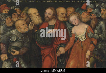 Cristo e la donna adultera. fine 1530 o 1540 - 1550. Lucas Cranach d.J. - Christus und die Ehebrecherin Foto Stock