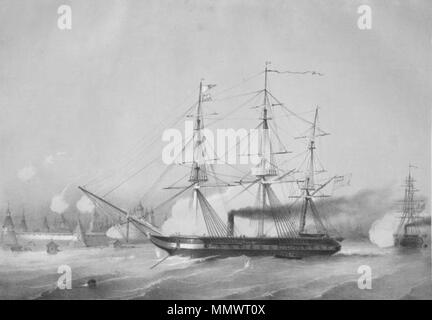 . Inglese: il bombardamento del monastero di Solovetsky due vaporizzatori in inglese. Русский: Бомбардирование Соловецкого монастыря двумя Английскими пароходами 6-го и 7-го июля 1854 года. . 1855. ???????: ??????? ?. ?. Guerra di Crimea - Solovki - 1854 Foto Stock