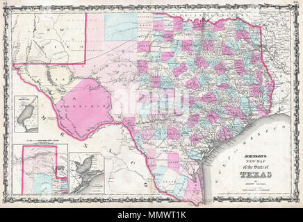 . Inglese: un esempio eccezionale di A. J. Johnson è altamente desiderabile mappa del Texas. Creato all'altezza della Guerra Civile Americana, questa straordinaria custodia folio dettagli mappa dello stato del Texas in pieno. Mostra la tabella di elevata Terre El Lando Estadado (la pianura cianfrinato), STATI UNITI Percorso di posta, numerose notazioni geografiche e codifica a colori secondo la contea. El Paso, Presidio e Behar contee sono gigantesche e occupano gran parte della parte occidentale dello stato. Inserie nella parte inferiore sinistra del quadrante dettaglio Sabine Lake (con gli scandagli di profondità), Galveston Bay (dall'U.S.C.S.), e il northern panh Foto Stock