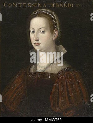 . Inglese: ritratto postumo di Contessina de' Bardi, moglie di Cosimo I de' Medici, dipinta da Cristofano dell'Altissimo nella seconda metà del XVI secolo. Italiano: ritratto postumo di Contessina de' Bardi, moglie di Cosimo de' Medici, dipinto da Cristofano dell'Altissimo nella seconda metà del XVI secolo. Contessina de' Bardi. Tra il 1570 e il 1580. Cristofano dell'Altissimo (attr.), Contessina de' Bardi Foto Stock