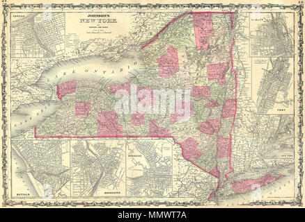 . Inglese: questa colorata a mano mappa è una piastra di acciaio di incisione, risalente al 1862 dal leggendario American cartografo A. J. Johnson. Esso raffigura lo stato di New York. Non ci sono mappe inset di Buffalo, Rochester, Siracusa, Oswego, Albany, Troy, e naturalmente, New York City. Questa mappa è eccezionalmente raro come è venuto dal 1862 edizione di Johnson Atlas - uno dei primi e più rara. Johnson Mappa dello Stato di New York. 1862. 1862 Johnson Mappa dello Stato di New York - Geographicus - NY-J-62 Foto Stock