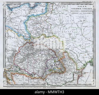 . Inglese: Questo affascinante 1862 mappa da Justus Perthes e Stieler rappresenta la Polonia, Ungheria e Croazia. A differenza di altri editori cartografica del periodo il Justus Perthes ferma e non ha la transizione verso la stampa litografica tecniche fino a quando i primi 1870s. Invece tutti i suoi mappe sono la piastra di rame di incisioni e quindi di offrire un livello di carattere e profondità di dettaglio che era impossibile trovare nella litografia di cera o di processo di incisione. Tutto il testo in tedesco. Rilasciato nel 1862 edizione di Stieler Schul-Atlas del. Polen, Galizien, Ungarn, Kroatien u. Siebenburgen, Moldau e Walachey.. 1862. 1862 Sti Foto Stock