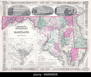 . Inglese: una bella mappa del Maryland e Delaware risalente al 1863. Dispone di un inserto di Washington DC e il generale vicinanza. Lungo la parte superiore della mappa, in quanto sarebbe in Pennsylvania ci sono tre immagini incise di importanti edifici governativi: l'Ufficio Generale delle Poste, il tesoro di edifici, e l'Ufficio Brevetti nella parte inferiore della mappa, al centro, un blocco di testo descrive il lavoro di Mason & Dixon nel disegno della Pennsylvania / Maryland bordo lungo la trentottesima latitude. Il tutto è circondato da un attraente strap-frontiera di lavoro. Cartographically questa mappa è basata sulla precedente wo Foto Stock