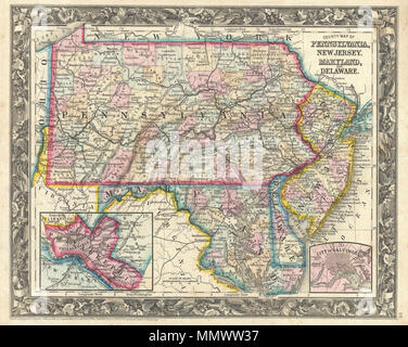 . Inglese: un bellissimo esempio di S. A. Mitchell JR's 1863 mappa della Pennsylvania e del New Jersey, del Delaware e del Maryland. Dettagliata per il livello di contea con speciale attenzione sia politici ed elementi geografici. Note importanti sistemi fluviali, ferrovie, canali, e città. Un riquadro in basso a sinistra offre la città di Filadelfia. Un riquadro nel quadrante inferiore destro dispone di Baltimora, Maryland. Uno dei più interessanti American atlas mappe di questa regione a comparire nella metà del XIX secolo. Caratteristiche il confine floreali tipiche di Mitchell mappe dal periodo 1860-65. Preparato da W. H. Gamble fo Foto Stock