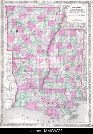 . Inglese: questa è una mano splendidamente colorata litografia 1864 mappa di Arkansas, della Louisiana e del Mississippi. Mostra gli stati nella bellissima dettaglio di come essi apparivano al momento della chiusura della Guerra Civile Americana. Johnson Arkansas del Mississippi e della Louisiana.. 1864. 1864 Johnson Mappa della Louisiana, Mississippi e Arkansas - Geographicus - MSLAAK-J-64 Foto Stock